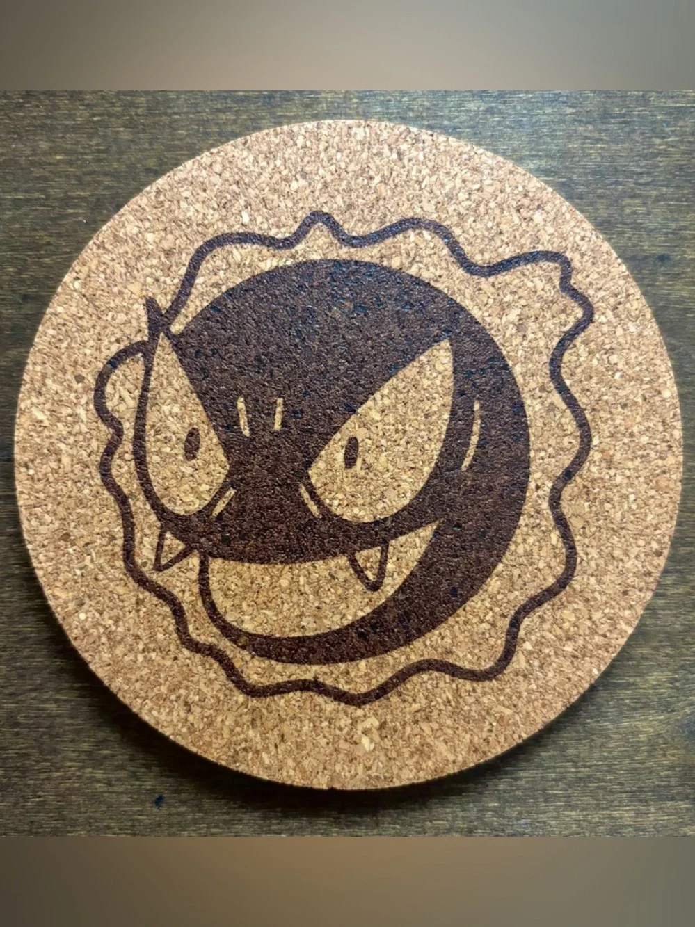 Pokemon Gastly Face Laser Engraved Cork Coaster